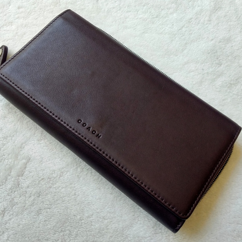 Dark Brown Coach Leather TriFold Wallet